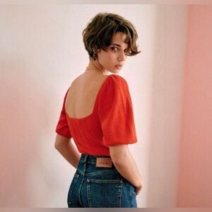 Sezane Alessia Elegant Red Knit Puff Sleeve Top